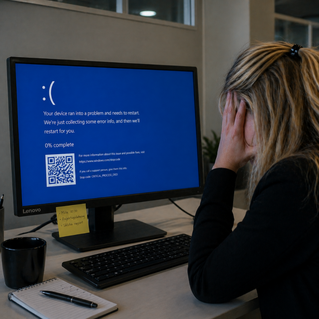 Person vid skrivbord håller för ansiktet medan en datorskärm visar en blå Windows-felskärm.