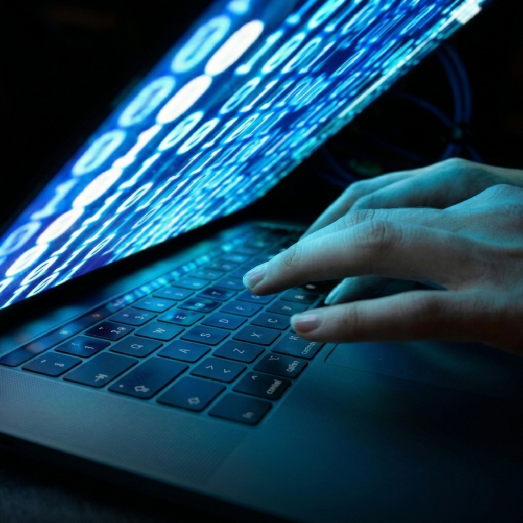 Svartvit bild av en person som febrilt skriver på en laptop-t tangentbord i ett mörkt rum, med en intensiv blå binary code data ström projected från skärmen över händerna och ansiktet. Perfekt illustration av en cyberattack, dataläcka eller en cyberbrottsling i aktion