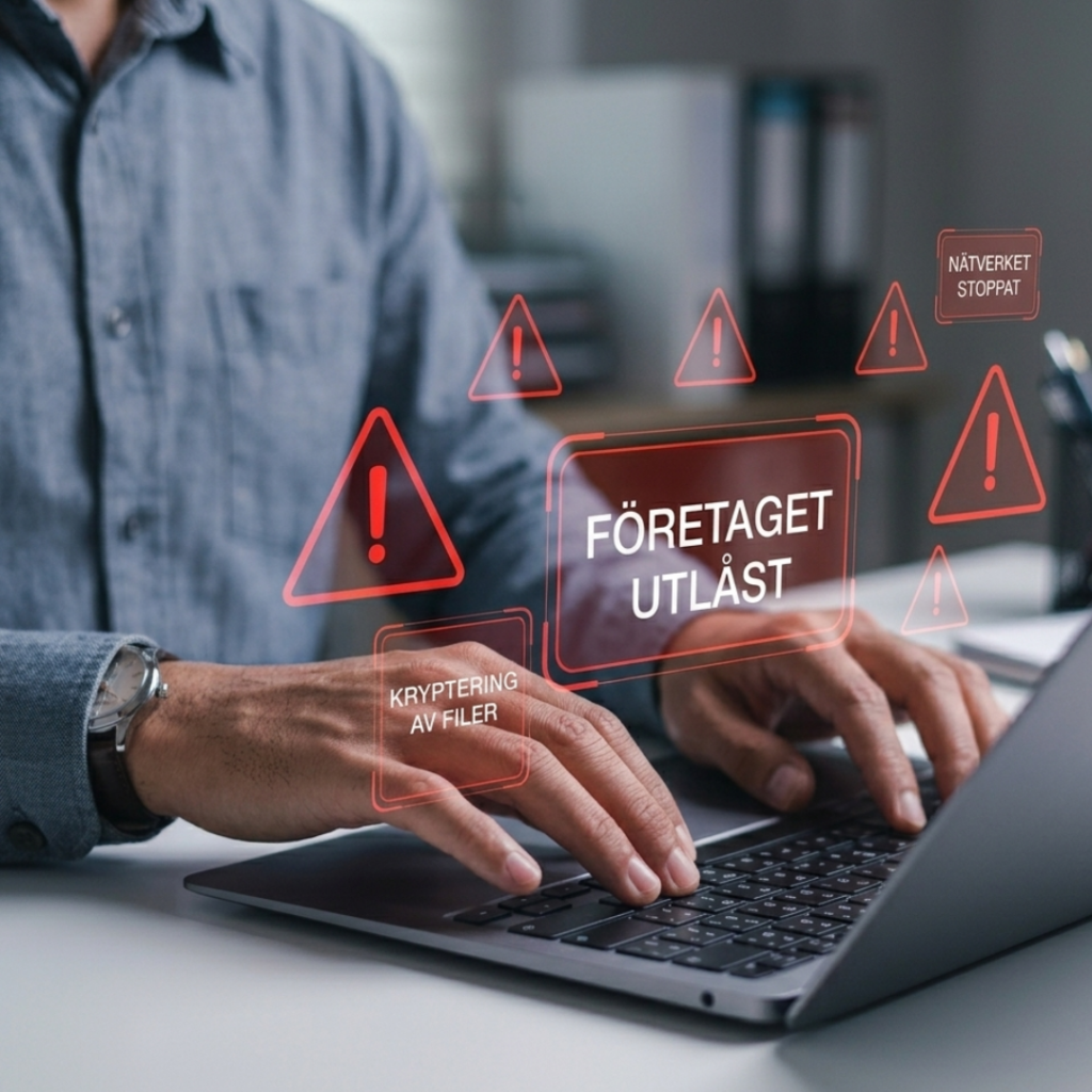 Illustration av en ransomware-attack där ett företag har blivit utlåst från sina system via en laptop
