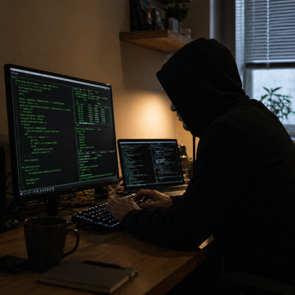 Person i hoodie sitter vid ett skrivbord och skriver på en dator med kod på skärmen i ett mörkt rum.
